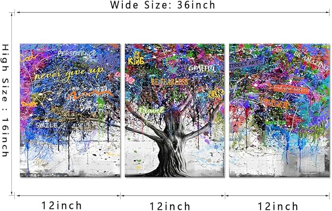 Novatique Banksy Canvas Wall Art Colorful Tree Wall Art Abstract Graffiti Poster Print Modern Street Inspirational Graffiti Decor Painting for Living Room Bedroom,12" x 16" x 3Pcs