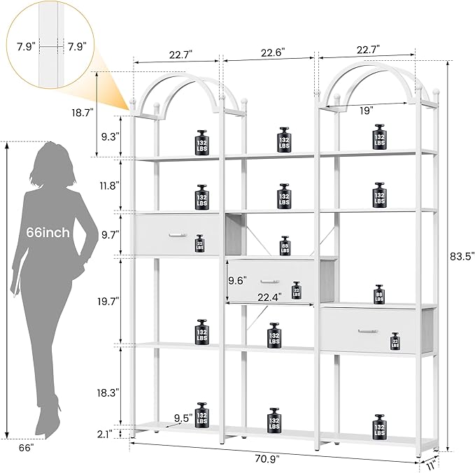 Semoic 83.5" Tall Arched Bookshelf, Triple Wide 6-Tier Large Open Book Shelf with 3 Drawers Storage, Etagere Bookcase with Display Shelf, Industrial Bookshelf with Metal Frame for Living Room, White