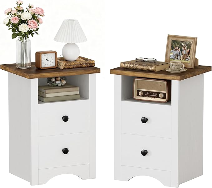 JUMMICO Farmhouse Nightstands, End Table with 2 Storage Drawers and Open Shelf, Rustic Bedside Table for Bedroom, Living Room(2, White)