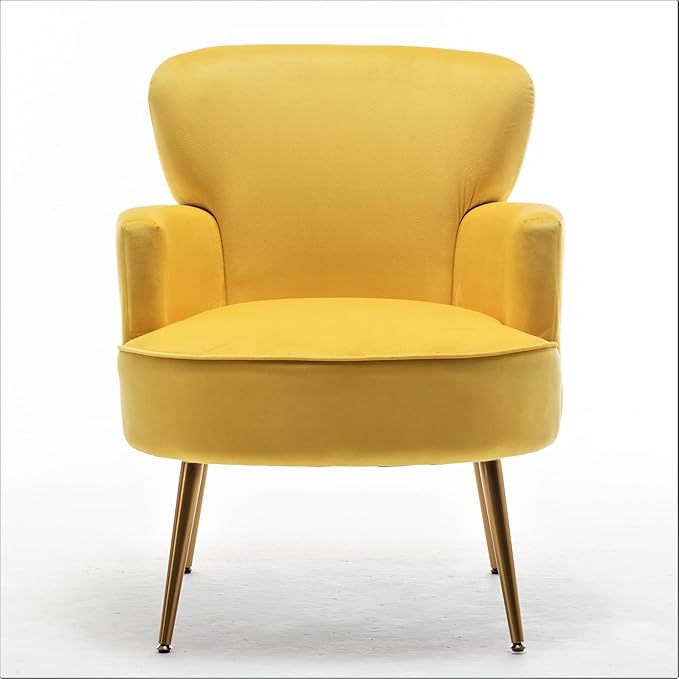 Trendy Velvet Accent Chair with Gold Metal Legs, Upholstered Armchair for Small to Mid-Size Spaces, Modern Living Room, Bedroom, Vanity Desk and Entryway, Yellow