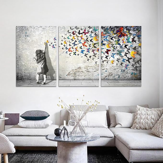Novatique Banksy Canvas Wall Art Colorful Graffiti Wall Art Beautiful Butterfly Painting Print Abstract Graffiti Street Poster Artwork for Living Room Bedroom,24”x 36”x 3Pcs