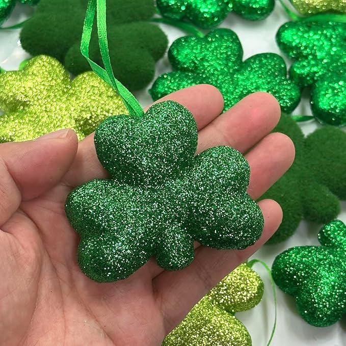 St Patrick's Day Shamrocks Hanging Ornaments, 24Pcs Green Shamrocks Hanging Ornament Luck Clover Bauble Decoration for Saint Patrick's Party Supplies Tiered Tray Table Crafts Decor