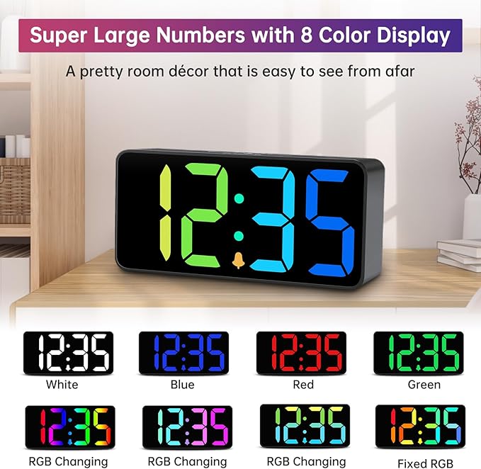 DreamSky Large Digital Alarm Clock Big Numbers for Seniors & Visually Impaired, RGB 9 Inches Desk Clock for Bedroom, Dimmable Jumbo Display, USB Ports, Loud Alarm for Heavy Sleepers, Adjustable Volume