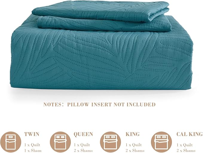 Exclusivo Mezcla California King Quilt Bedding Set, Lightweight Teal Quilts Cal Oversized King Size for All Seasons, Soft Microfiber Bedspreads Coverlets with Leaf Pattern, 3 Piece