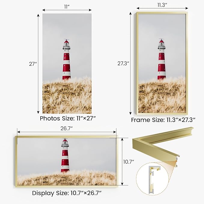 11x27 Aluminum Metal Picture Frame,Tempered Glass Gold Photo Frame 11x27 for Family Photo,Posters,Art,Document to Wall Mount Horizontally or Vertically