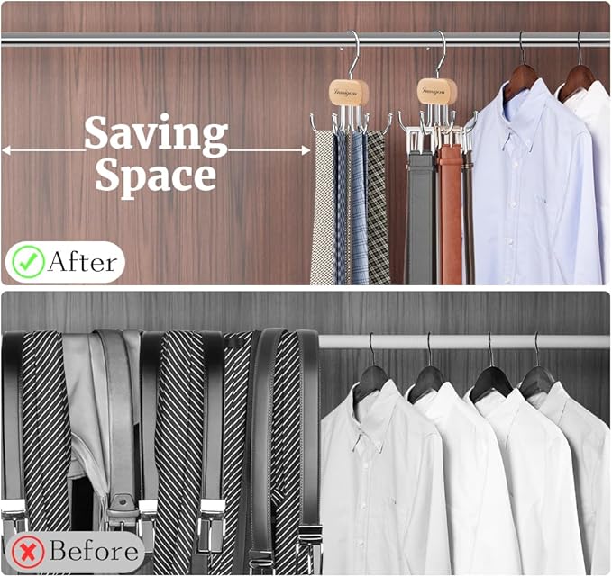 Belt Hanger, Belt Organizer for Closet,Rotatable Tie Rack,Belt Holder,Hanging Closet Organizer Hook for Belt, Bra, Tank Top, Tie, Scarf, Purse,4PCS,Natural