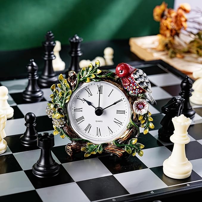 Mini Tabletop Clock, Decorative Vintage Floral Metal Table Clock with Battery Operated for Bedside, Table, Living Room, Home and Office