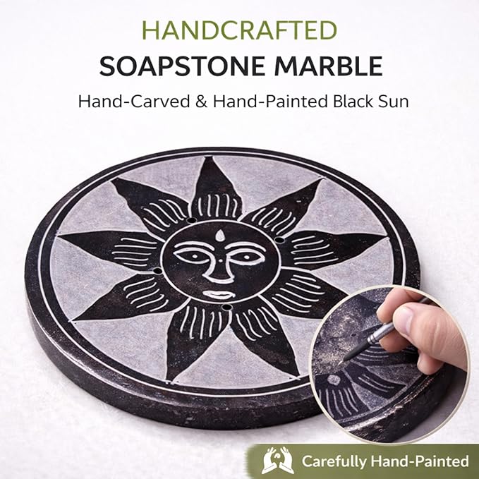 Marble Black Soapstone Incense Stick Holder | Handmade Round Incense Burner with Sun Carving | Decorative Ash Catcher for Home, Office, Meditation & Puja Décor