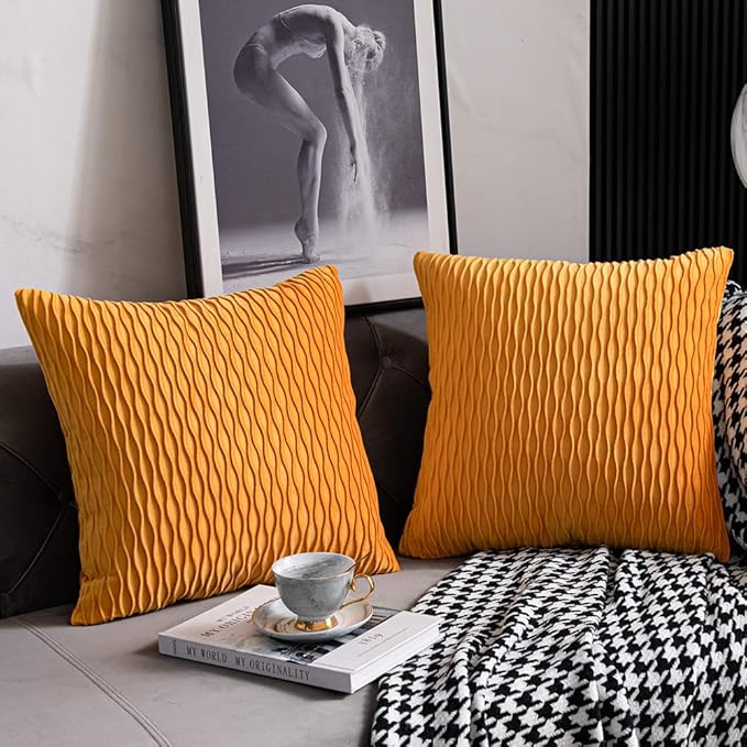 Fall Golden Yellow Couch Pillow Covers: 2 Pack 22x22 Inch Original Striped Velvet Square Throw Pillow Cases for Farmhouse Home Decor