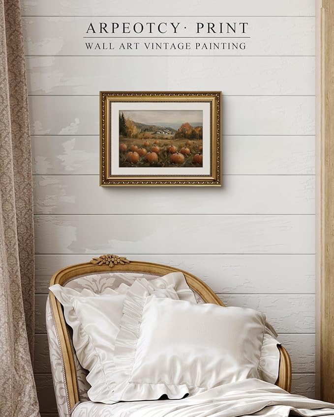 ARPEOTCY Vintage Gold Framed Wall Art Decor, 11x14 Inch Pumpkin Field Picture Artwork, Classical Farmhouse Fall Wall Art for Living Room Bedroom Study, Retro kitchen Autumn Decor Aesthetic