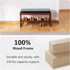 Solid Wood Shoe Bench, 2-Tier Wooden Entryway Bench, Modern Shoe Rack with Faux Leather Cushion for Hallway, Living Room (Black, 31.5'')