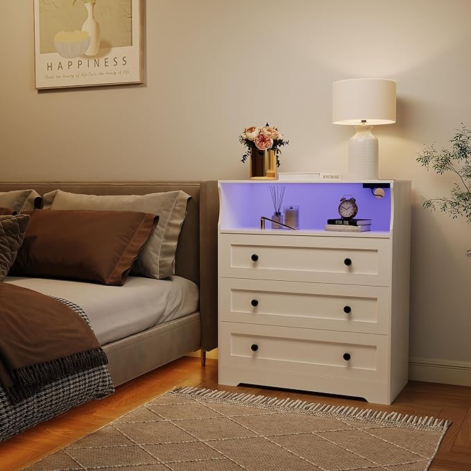 37.2" 3-Drawer Dresser with LED Lights & Charging Station, Wood Chest of Drawers with Open Space, Bedroom Closet Organizer for Living Room, Entryway, Bedside Storage, White