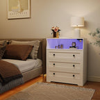 GarveeLife Small Dresser with 3 Drawers, Wood Dresser with Charging Station and LED Lights for Bedroom Closet Bedside, Modern Wooden Chest of Drawers for Living Room, Hallway, White