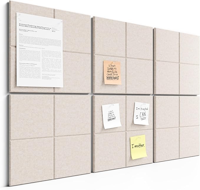 Bumusty Large Felt Bulletin Board, 36" x 24" Cork Board Alternative, 6-Pack Wall Tiles with 4-Compartment Design, 30 Push Pins, 40 Adhesive Tabs, Ideal for Office & Home Decor, Oatmeal