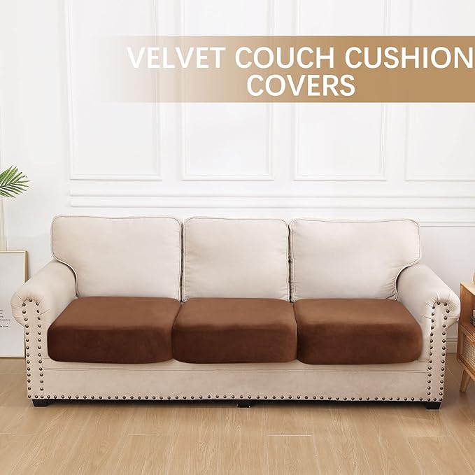 hyha Velvet Couch Cushion Covers, Soft Sofa Seat Covers for sectional 3 Cushion Couch Washable, Magic Sofa Slipcover with Elastic Bottom, Non-Slip Furniture Protector for Pets, Kid(3PC, Brown)