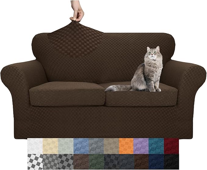 YEMYHOM Latest Checkered 3 Pieces Couch Covers for 2 Cushion Couch High Stretch Thickened Love Seat Sofa Cover for Dogs Pets Elastic Loveseat Slipcover Protector (Dark Coffee), 55"-69"(2 Cushions)