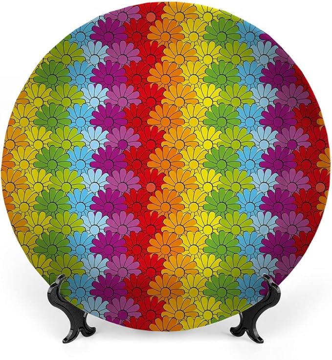 Ceramic Plates, Floral Decorative Ceramic Plates, Vibrant Flowers in Rainbow Colors Striped Repeating, 10 Inch, for Dining, Parties, Wedding, Multicolor
