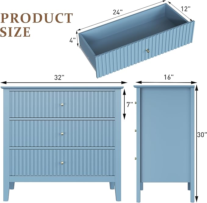 Large Muted Blue Fluted 3 Drawer Dresser Set of 2, Chest of Drawers with Ball Bearing Slide Modern 30 inch Tall Wood Nightstand with Spacious Storage for Bedroom Living Room Entryway