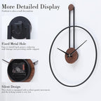 Modern Minimalist Wall Clock, Black Metal Ring and Wooden Face, Natural Style Silent Non-Ticking for Living Room, Bedroom, Office Decor, 21.6"x28.7"