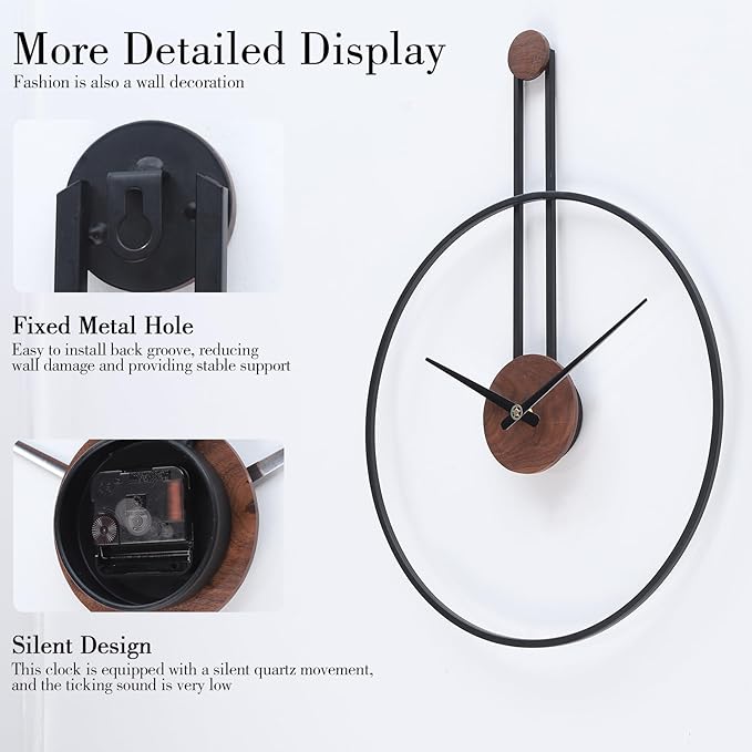Modern Minimalist Wall Clock, Black Metal Ring and Wooden Face, Natural Style Silent Non-Ticking for Living Room, Bedroom, Office Decor, 17.7"x24.4"