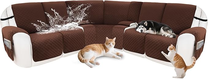 Reclining Sectional Couch Covers 100% Waterproof Velvet L Shape Recliner Couch Covers for Sofa Washable Anti Slip Recliner Slipcovers with Pockets (5 Seat Sofa with 2 Console, Dark Coffee)