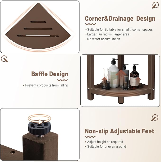 Shower Stool for Inside Shower, Corner Shower Bench Seat, HDPE Waterproof Shower Stool for Shaving Legs with Baffle Storage Shelf, Shower Seat/Foot Rest for Bathroom, Indoor/Outdoor Use, Brown