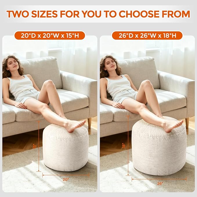Pouf Ottoman Foot Rest, Comfortable & Soft, Round Footstool for Living Room, Bedroom, Office, Room Decoration, Corduroy Foot Stool Pouf with Odorless & Anti-Clump Filling, Small Beige