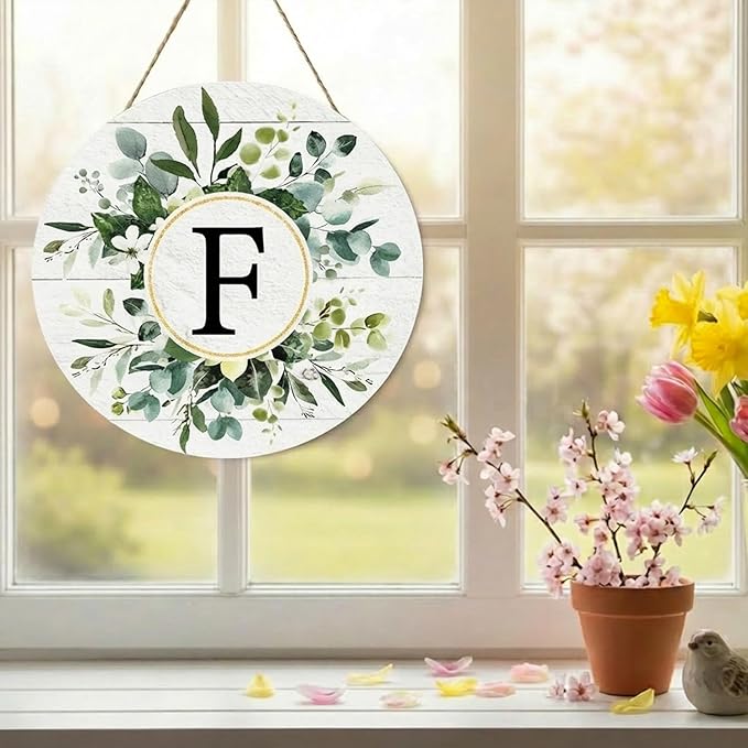 Smile Monogram Letter F Wreaths Wooden Welcome Sign, Family Last Name Initial Front Door Wall Decoration, Floral Spring Summer Porch Rustic Home Kitchen Decor