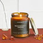 Calyan Wax Co. Rosewood & Amber Scented Candle - 57 Hour Burn - Luxury Non Toxic Soy Wax Candles - Long Lasting Amber Glass Jar Candle for Home - 7.2oz