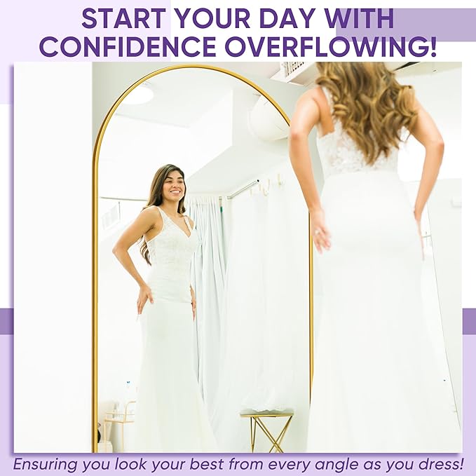 Full Length Mirror, 76"x44" Floor Mirror Freestanding, Oversized Floor Standing Full Body Mirror with Stand for Bedroom, Hanging Mounted for Living Room Cloakroom, Gold, Arched