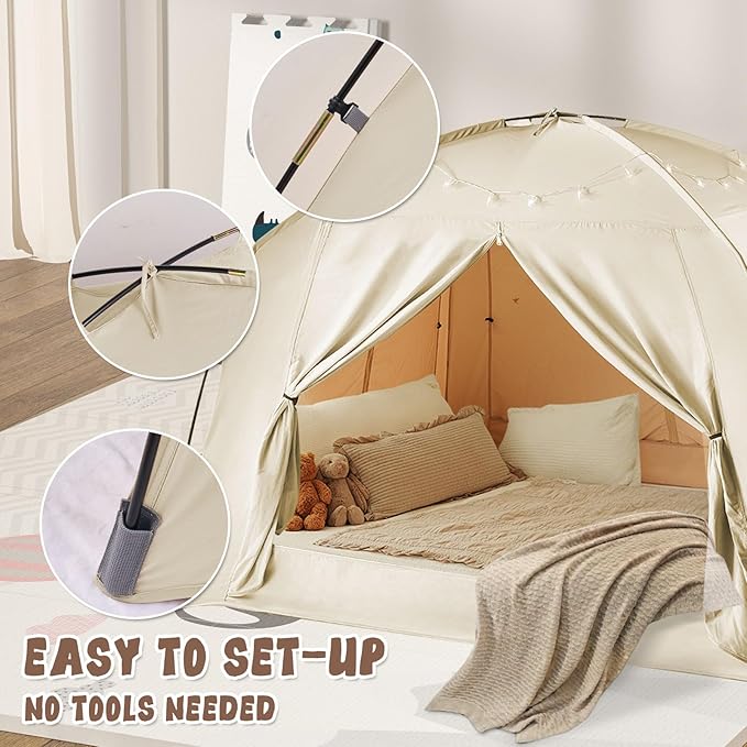 Bed Tents for Kids and Adult, Portable 100% Breathable and 85% Blackout Toddler Dream Play Tent, 3 Doors Big Privacy Space Sleeping Canopy for Floor or Twin Full Queen Sizes Bed (Khaki, Twin-Size)