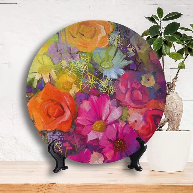 Ceramic Plates, Floral Decorative Ceramic Plates, Vibrant Flower Bouquet with Daisy Peony Gerbera, 7 Inch, for Dining, Parties, Wedding, Multicolor
