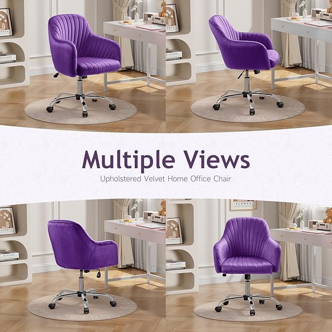 Warmiehomy Desk Chair, Velvet Office Chair for Home Office, Comfy Vanity Chair, Girl Cute Makeup Chair with Arm Rest for Bedroom Dressing Room, Purple