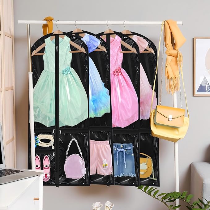 14 Pcs Garment Bags for Dance Costumes Clear PVC with Zippers 24 x 50 Inch Suits Bag with Pockets Dance Costume Organizer Carrier for Storage Cover for Adult(Translucent Black,Classic)