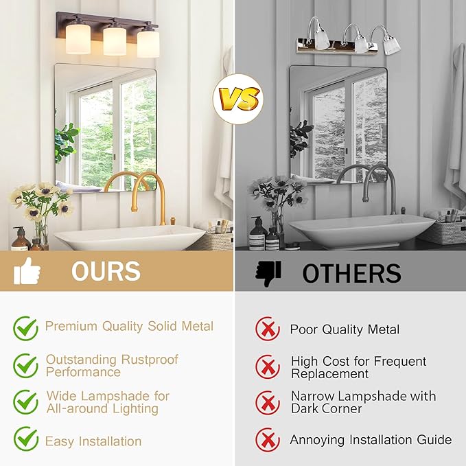 3 Light Modern Bathroom Light Fixtures Over Mirror, Bronze Finish Vanity Lights for Bathroom Wall Sconces with Milky White Glass Shades, E26 Socket (Bulbs Not Included)