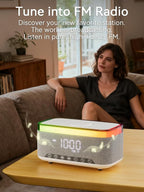 Bluetooth Speaker Alarm Clock with 10w Fast Wireless Charger for iPhone Samsung, 10W Stereo Bluetooth Speaker, 12-Color Night Light, White Noise Machine Digital Clock with FM Radio for Bedroom