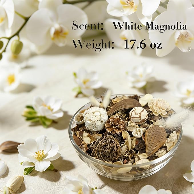 Spring Potpourri Bag,Magnolia Scented Potpourri Bowl Filler, White Decorative Dried Flower, Bathroom Vase Decor(20 oz)