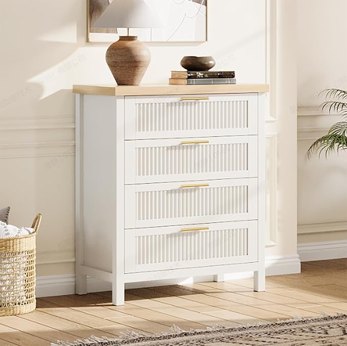 IDEALHOUSE Fluted 4 Drawers Dresser for Bedroom, 35.4" Tall Chest of Dressers for Closet, 4 Fluted Drawers with Metal Handle, Clothes Storage Cabinet for Bedroom, Nursery, Living Room, White