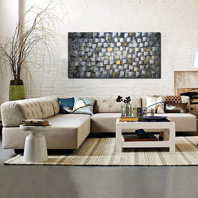 MyArton Large Thick Abstract Dark Silver add Golden Square Wall Art Hand Painted Artwork Textured Oil Painting on Canvas Framed Ready to Hang 60x30inch