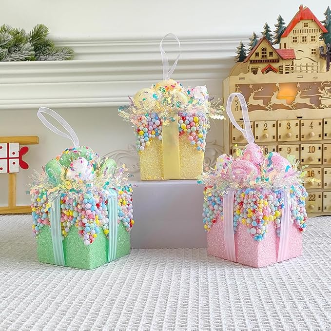 Christmas tree gift box ornament set,3 Pieces Macaron Color Candy Gift Hanging Ornaments for Christmas, New Year, Easter, Birthday (PINK GREEN YELLOW)
