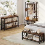 BON AUGURE Entryway Bench with Storage, 2 Tier Wood Metal Shoe Bench, Storage Benches for Bedroom, Entrance, Hallway, Mudroom, Indoor (47 inch Wide, Rustic Oak)