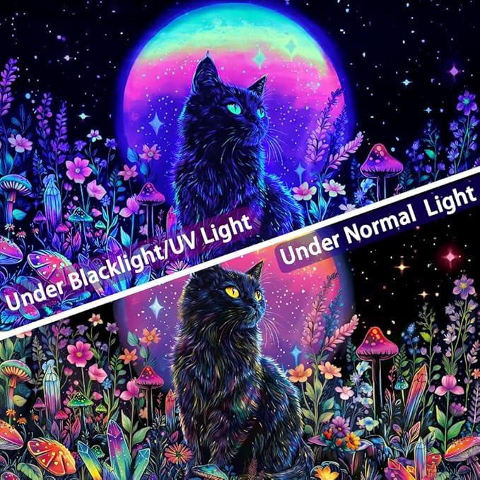 Dermijer Blacklight Black Cat Tapestry UV Reactive Moon Stars Floral Wall Hanging Tapestry Moonlit Garden Home Decor for Bedroom Living Room Dorm 59.1L x 51.2W