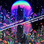 Dermijer Blacklight Black Cat Tapestry UV Reactive Moon Stars Floral Wall Hanging Tapestry Moonlit Garden Home Decor for Bedroom Living Room Dorm 78.7L x 59.1W