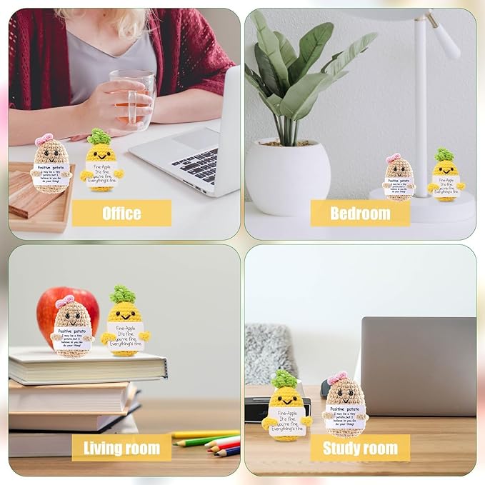 WASTIME Funny Knitted Wool Doll Toy with Positive Card - Creative Cute Mini Crochet Positive Potato Dolls Cheer Up Gift for Family Kids Friends Encouragement Decoration (Potato Girl & Pineapple)