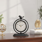 Black Vintage Table Clock with Bird, European Retro Style Mantel Clocks, Desk and Shelf Decor Clock, for Living Room, Farmhouse, Bedside, Bedroom, Gift (7.9" H x 6.3" W)