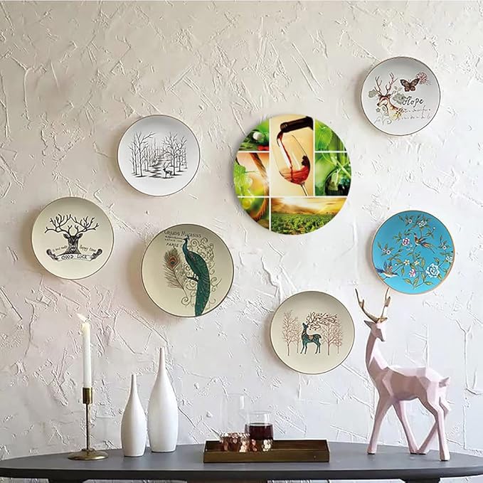 Ceramic Display Plate, Wine Ceramic Hanging Decorative Plate, Wine Tasting and Grapevine Collage Green Fresh, 8 Inch, Living Room Kitchen Decoration Household, Green Ruby Caramel