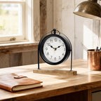 Vintage Small Table Clock, Black Metal Farmhouse Table Clock with Wooden Base, Silent Non-Ticking Battery Operated Desk and Shelf Clocks for Living Room, Kitchen, Bedroom Decor