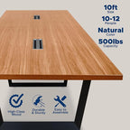 Sturdy Conference Table with Cable Management Grommets Modern Rectangle Office Meeting Table with Wood Tabletop and Metal Frame & Legs- Easy Assembly Boardroom Table (Natural, 10 Foot)