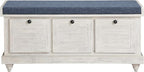 OSP Home Furnishings Dover Coastal Lift-Top Storage Bench with Shutter Face Styling, Distressed White Finish with Navy Fabric Cushion
