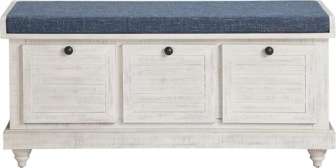 OSP Home Furnishings Dover Coastal Lift-Top Storage Bench with Shutter Face Styling, Distressed White Finish with Navy Fabric Cushion